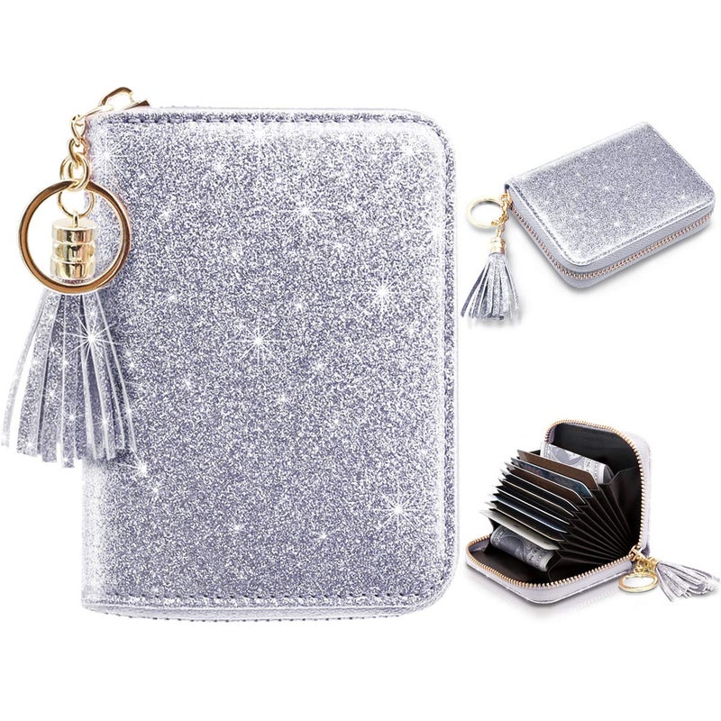 Coco Rossi Women's Small Credit Card Wallet RFID Glitter Cute Credit Card Holder Wallets for Women -Silver - Image 1